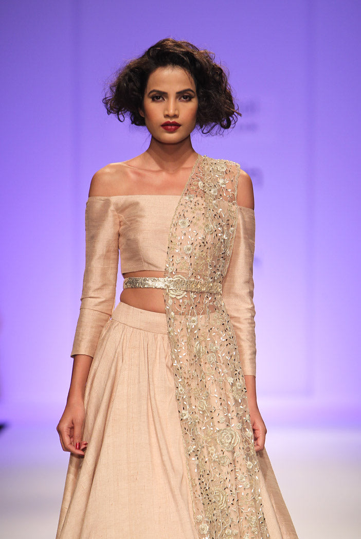 Demi Blush Dupion Silk Off Shoulder Choli with Skirt and Tulle Dupatta with Belt