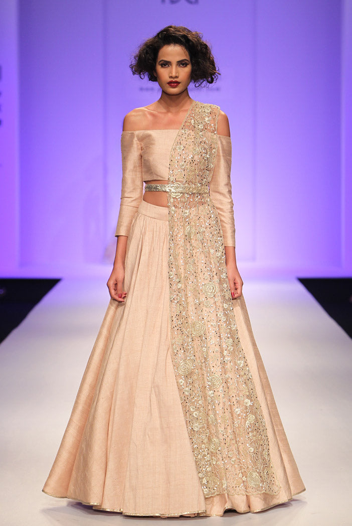 Demi Blush Dupion Silk Off Shoulder Choli with Skirt and Tulle Dupatta with Belt