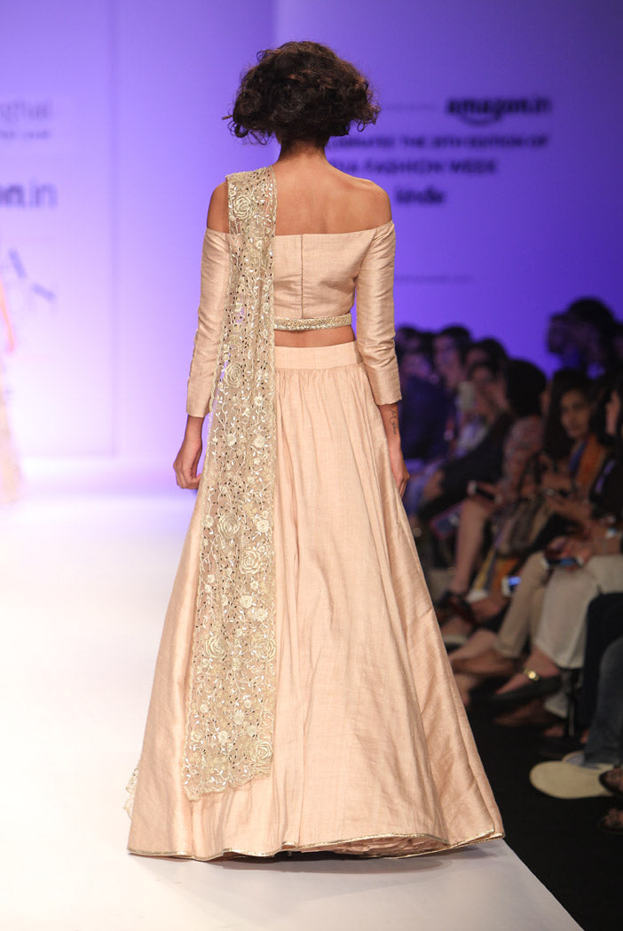 Demi Blush Dupion Silk Off Shoulder Choli with Skirt and Tulle Dupatta with Belt