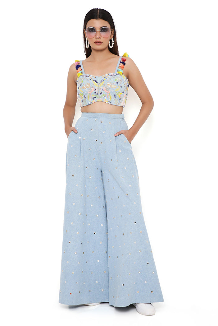 Blue Denim Embroidered Bustier And Flared Pant