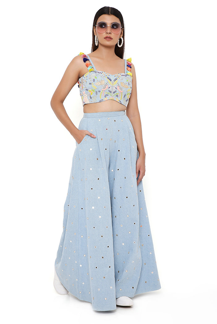 Blue Denim Embroidered Bustier And Flared Pant