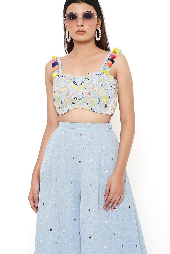 Blue Denim Embroidered Bustier And Flared Pant