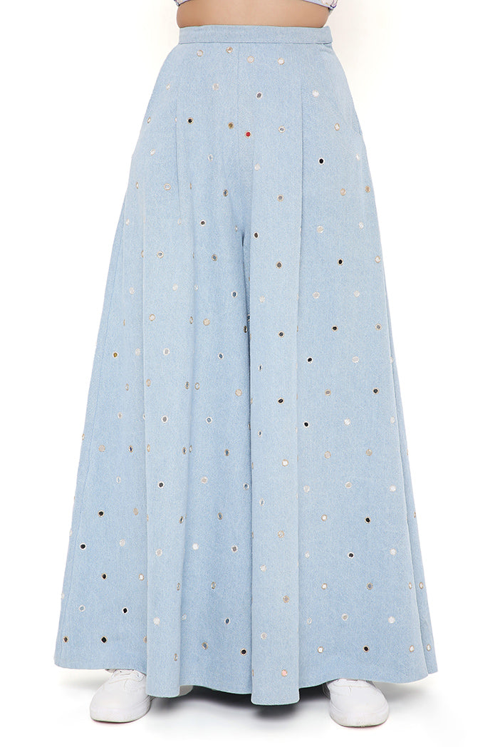 Blue Denim Embroidered Bustier And Flared Pant