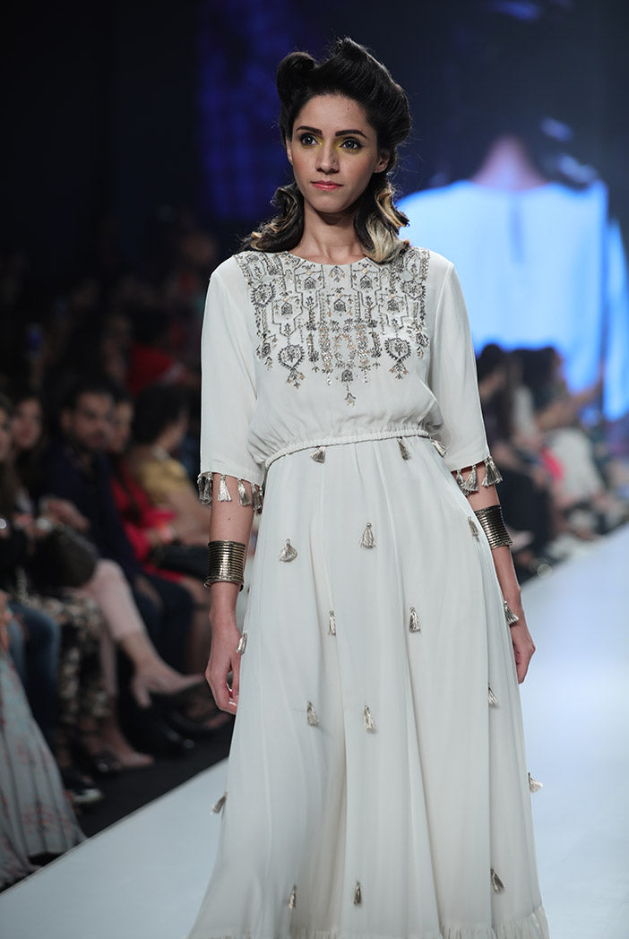 Diba Chalk White Georgette Balloon Top with Georgette Frill Skirt