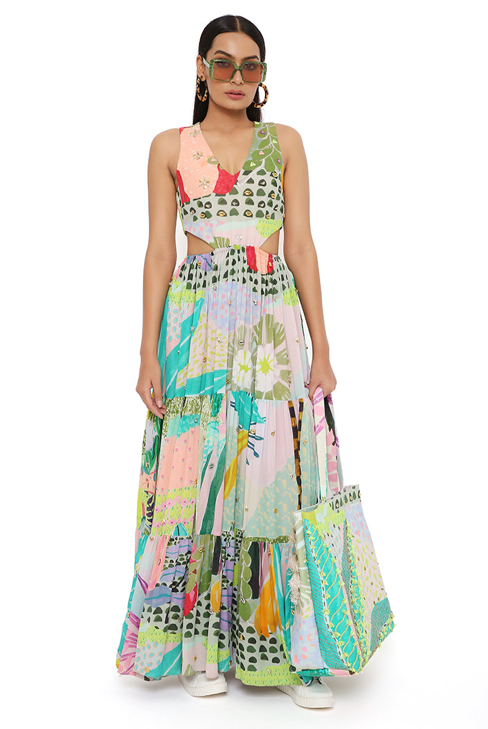 Emma Tropical Print Georgette Embroidered Waist Cut Out Dress