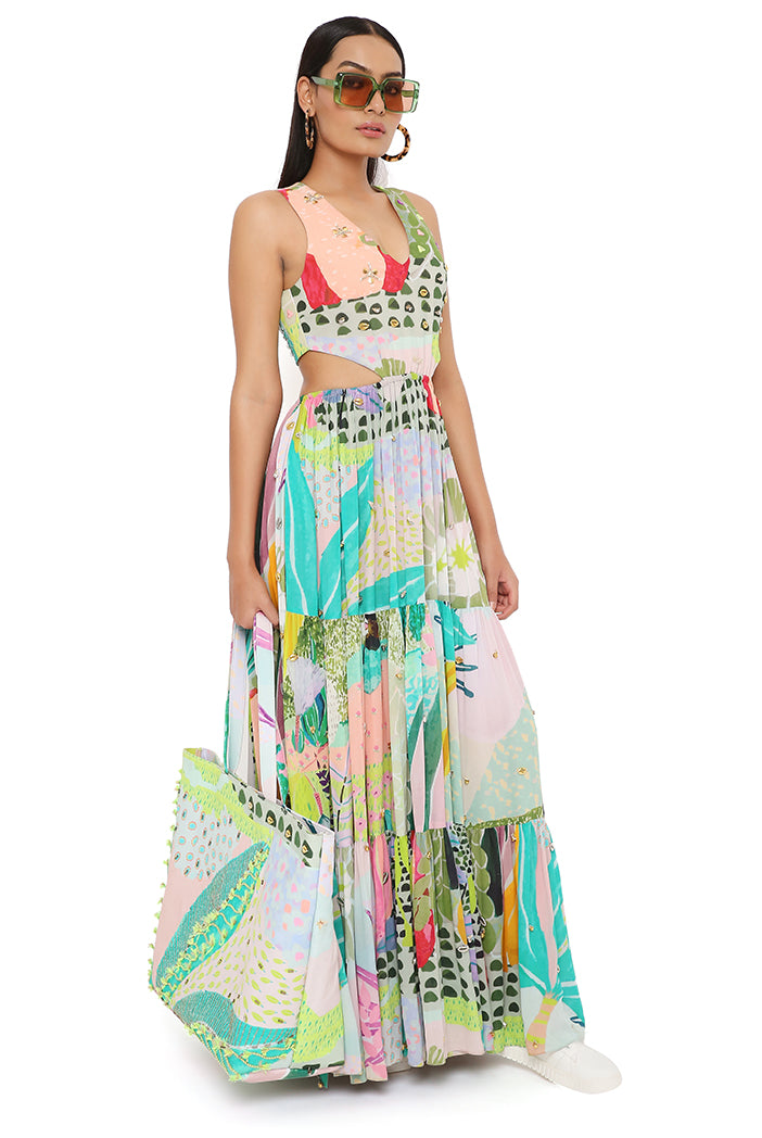 Emma Tropical Print Georgette Embroidered Waist Cut Out Dress