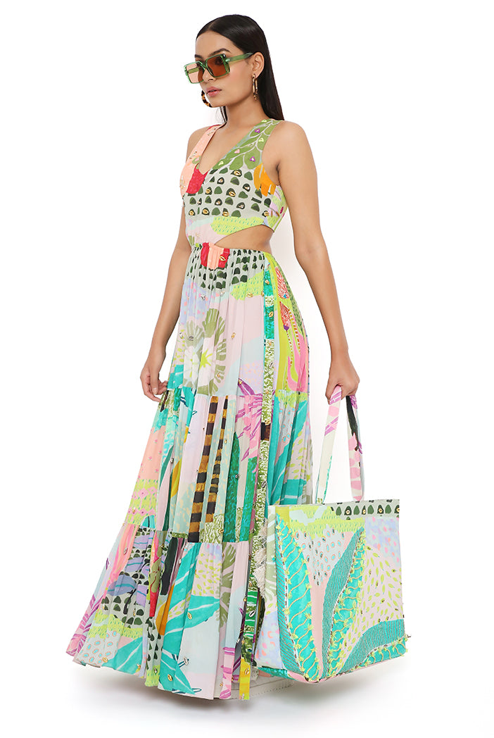 Emma Tropical Print Georgette Embroidered Waist Cut Out Dress