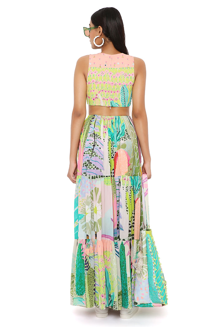 Emma Tropical Print Georgette Embroidered Waist Cut Out Dress