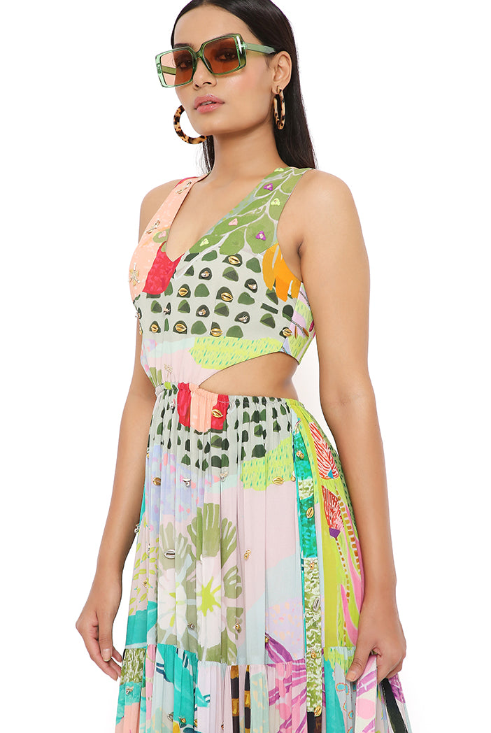 Emma Tropical Print Georgette Embroidered Waist Cut Out Dress
