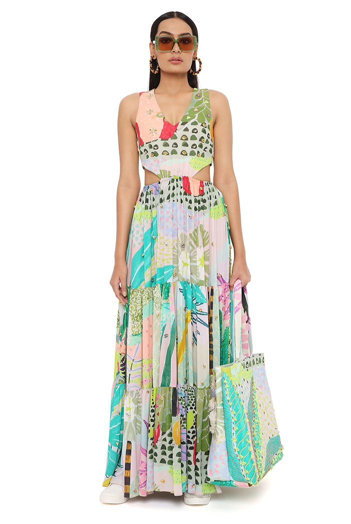 Emma Tropical Print Georgette Embroidered Waist Cut Out Dress