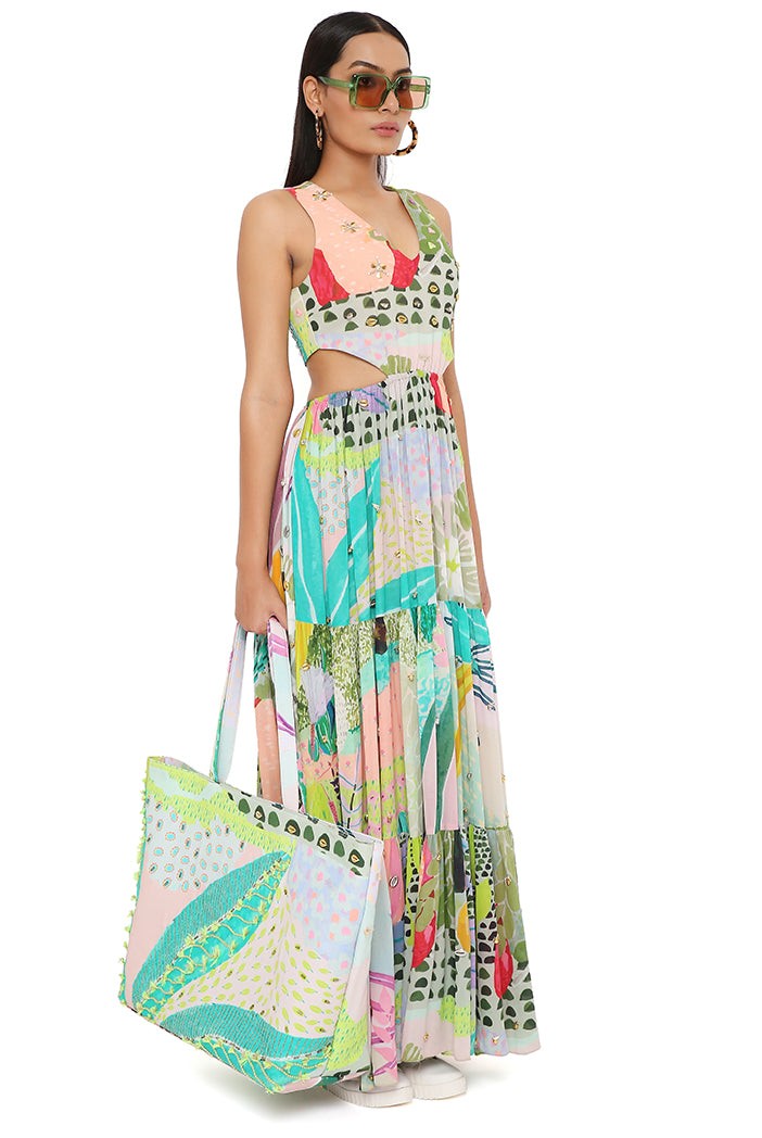 Emma Tropical Print Georgette Embroidered Waist Cut Out Dress