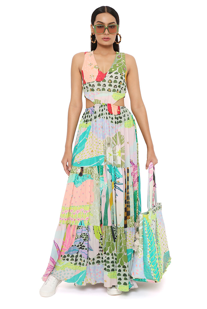 Emma Tropical Print Georgette Embroidered Waist Cut Out Dress