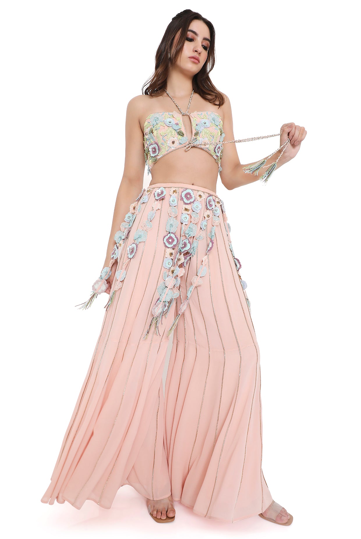 Enrica Rose Pink Embroidered Front & Back Tie-Up Bustier And Sharara With Hanging 3D Flower Tassels