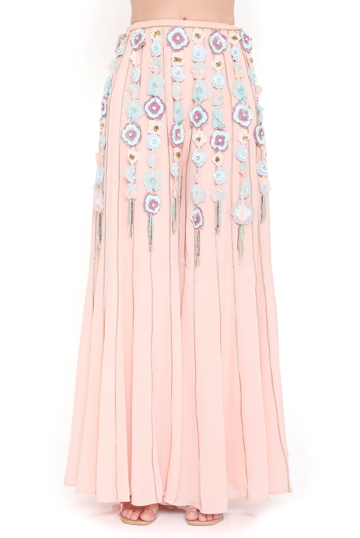 Enrica Rose Pink Embroidered Front & Back Tie-Up Bustier And Sharara With Hanging 3D Flower Tassels
