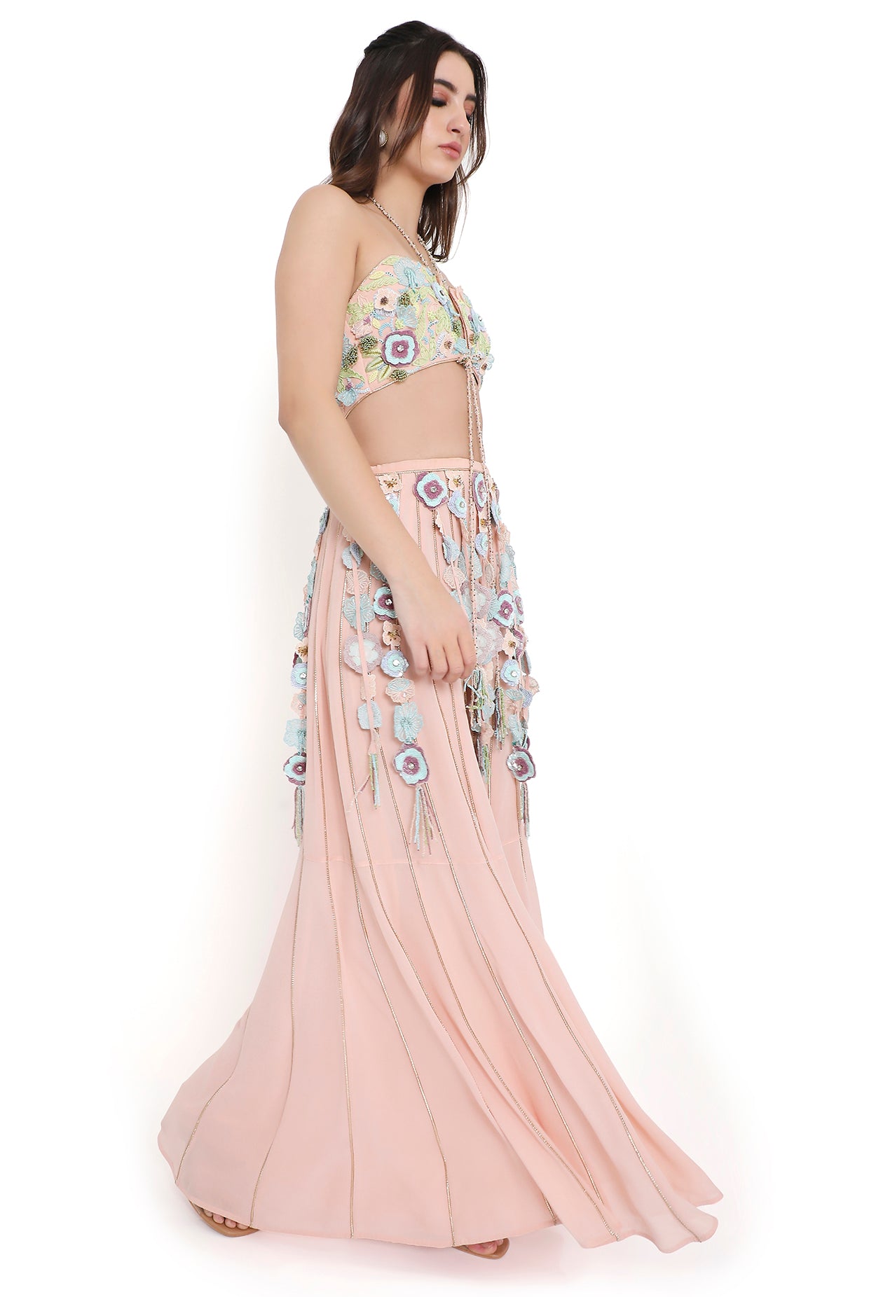 Enrica Rose Pink Embroidered Front & Back Tie-Up Bustier And Sharara With Hanging 3D Flower Tassels