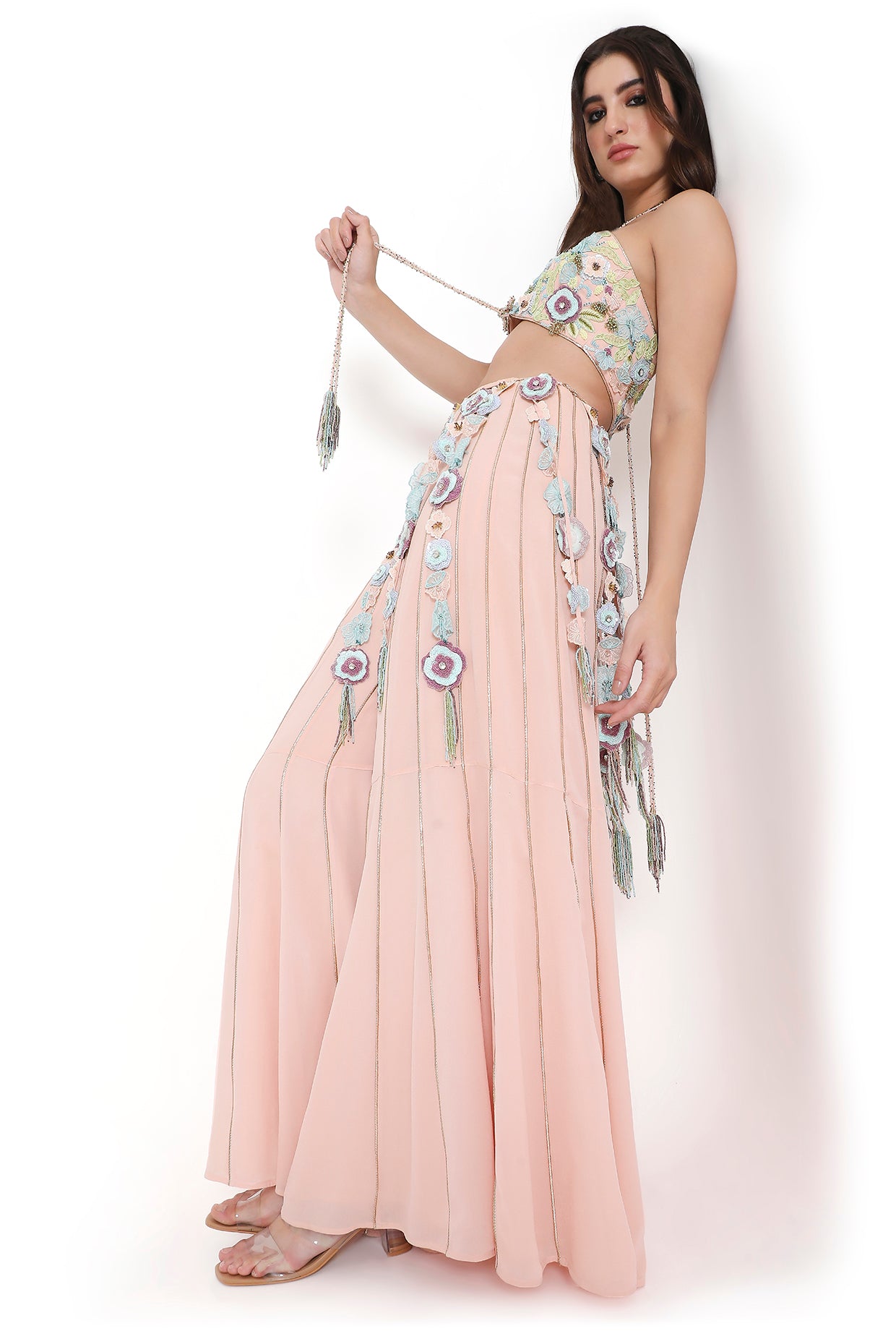Enrica Rose Pink Embroidered Front & Back Tie-Up Bustier And Sharara With Hanging 3D Flower Tassels