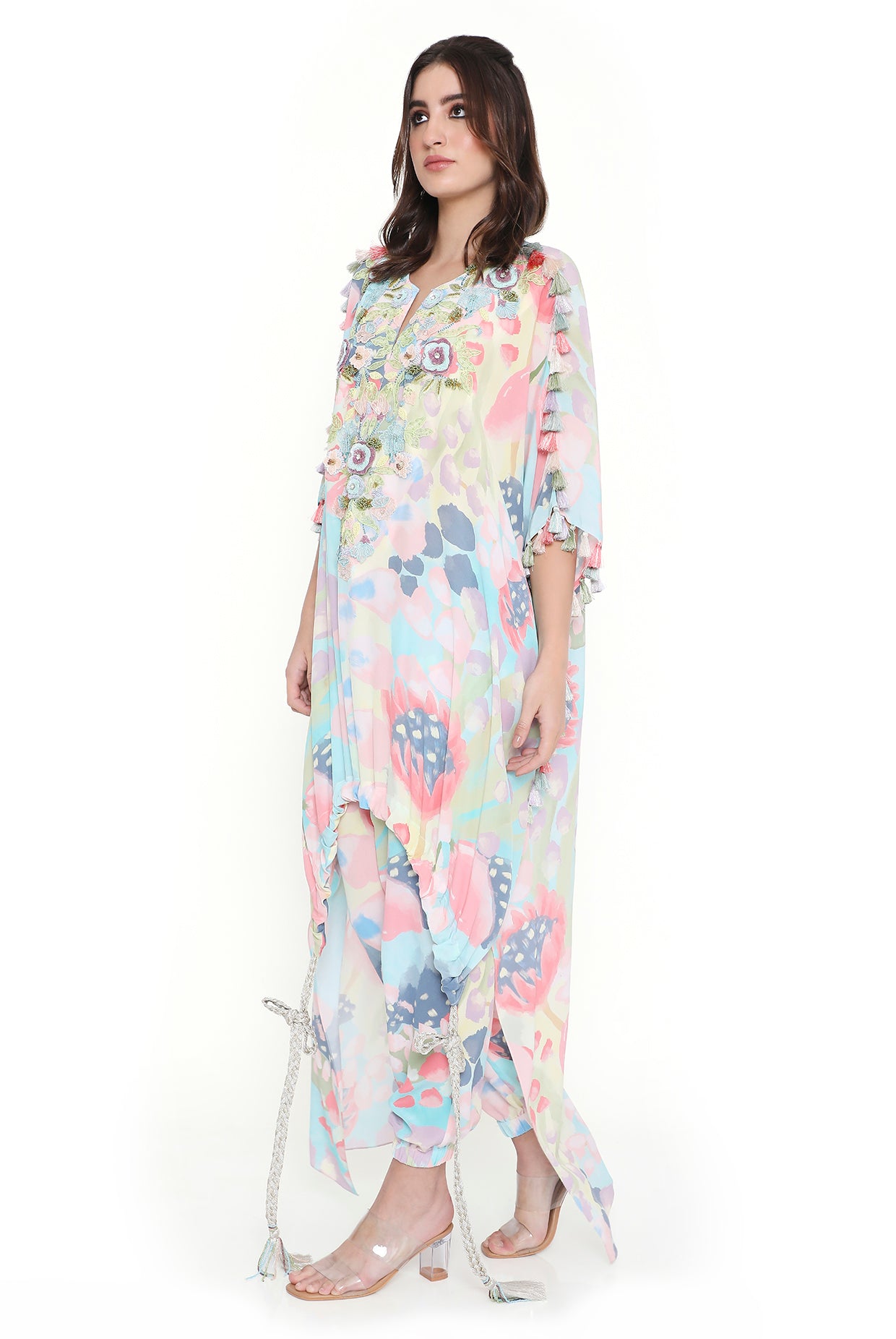 Evalie Euphoria Print High-Low Embroidered Kaftan With Jogger Pant