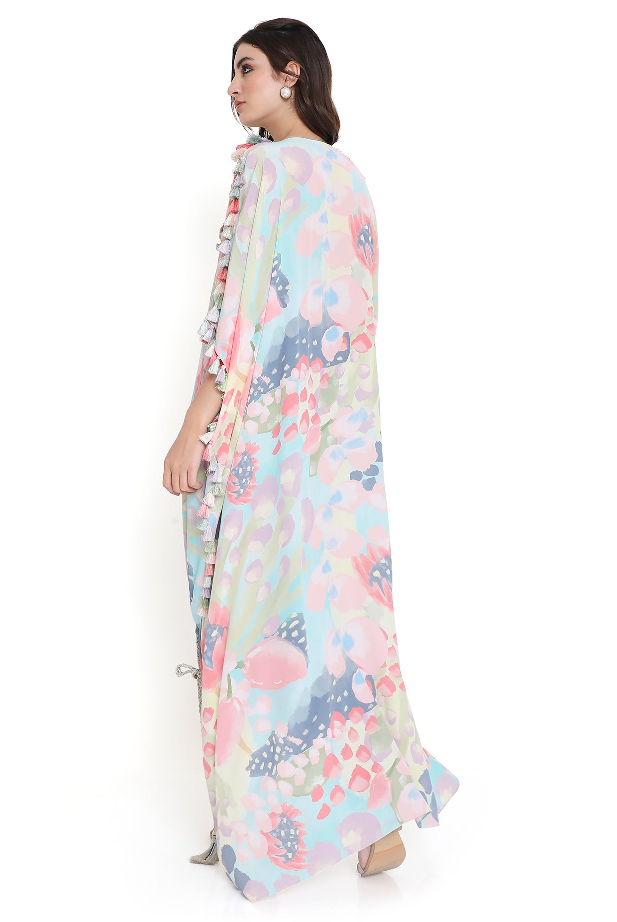 Evalie Euphoria Print High-Low Embroidered Kaftan With Jogger Pant