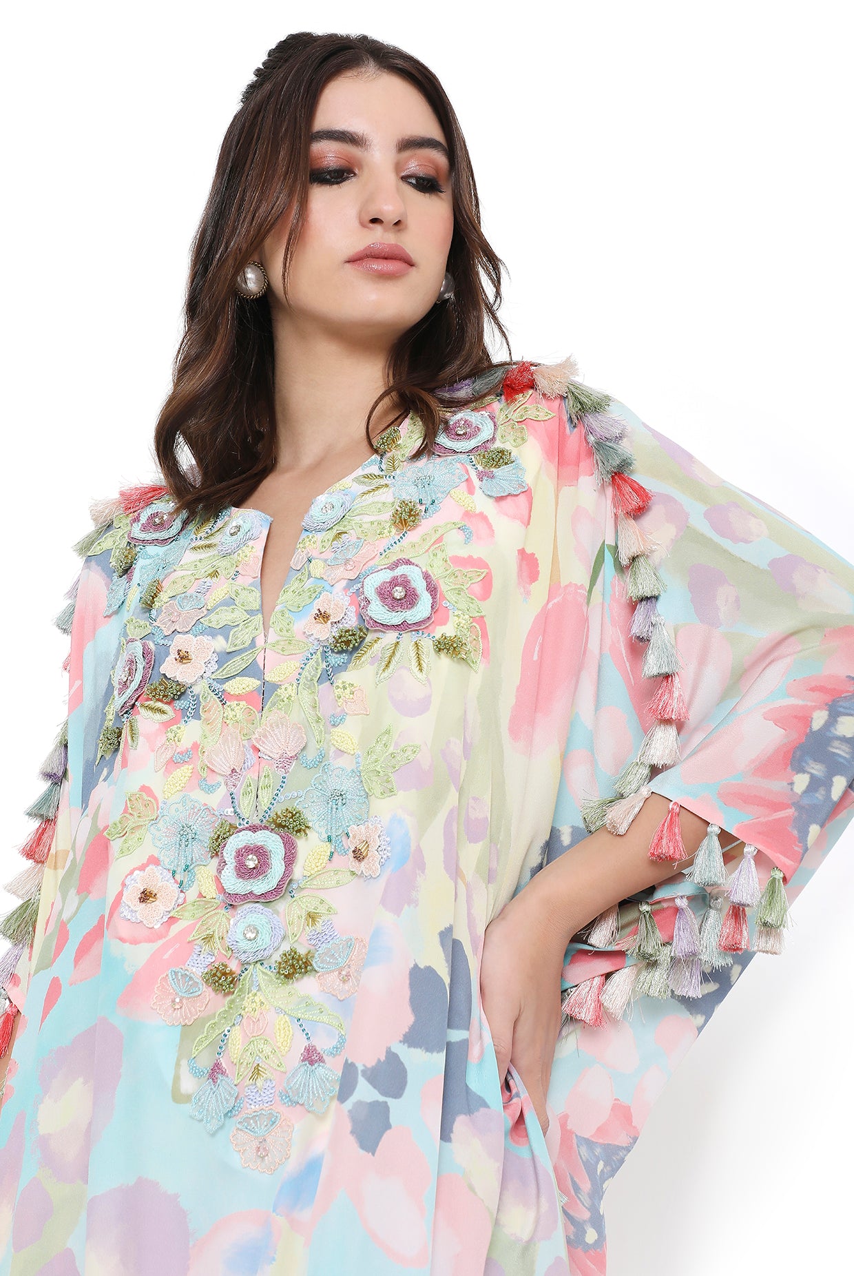 Evalie Euphoria Print High-Low Embroidered Kaftan With Jogger Pant
