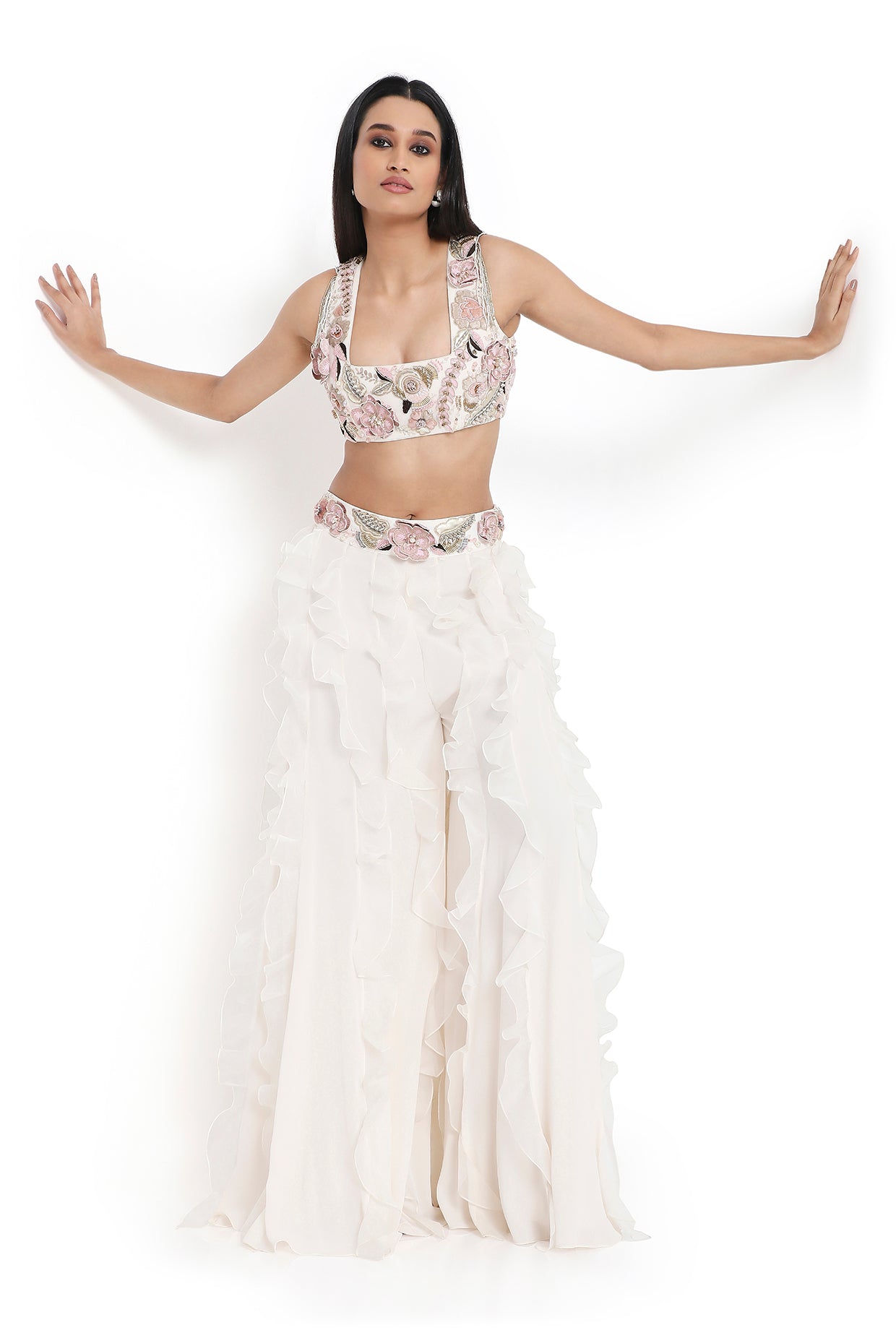 Fabiana Off White Embroidered Choli With Tie Up Back And Sharara With Ruffles