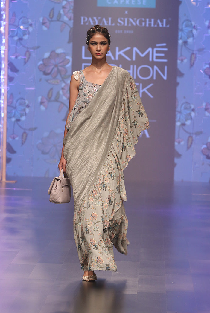 Feruza Powder Blue Printed Crepe Top with Mint Printed Georgette and Chanderi Stripe Frill Saree