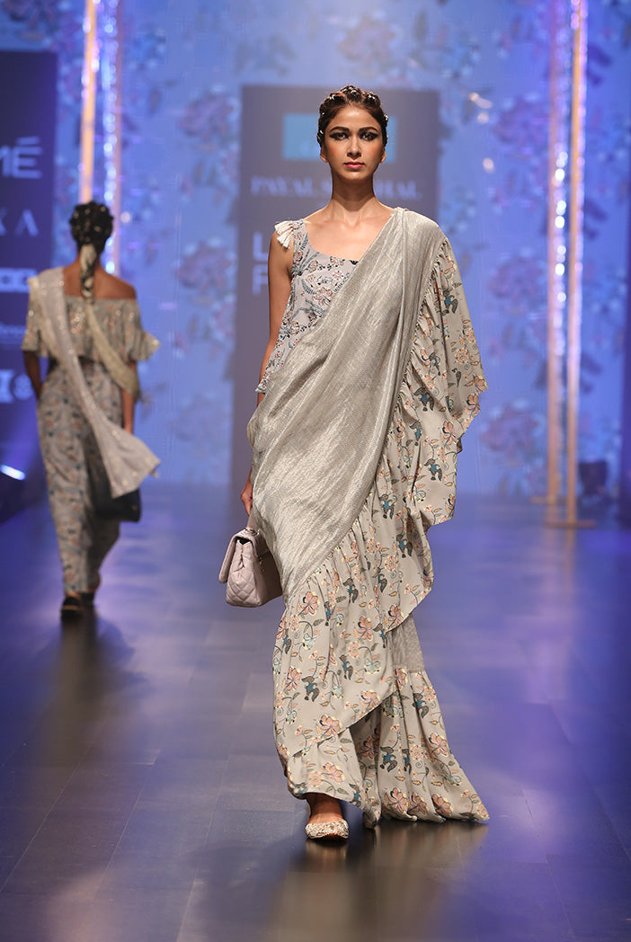 Feruza Powder Blue Printed Crepe Top with Mint Printed Georgette and Chanderi Stripe Frill Saree