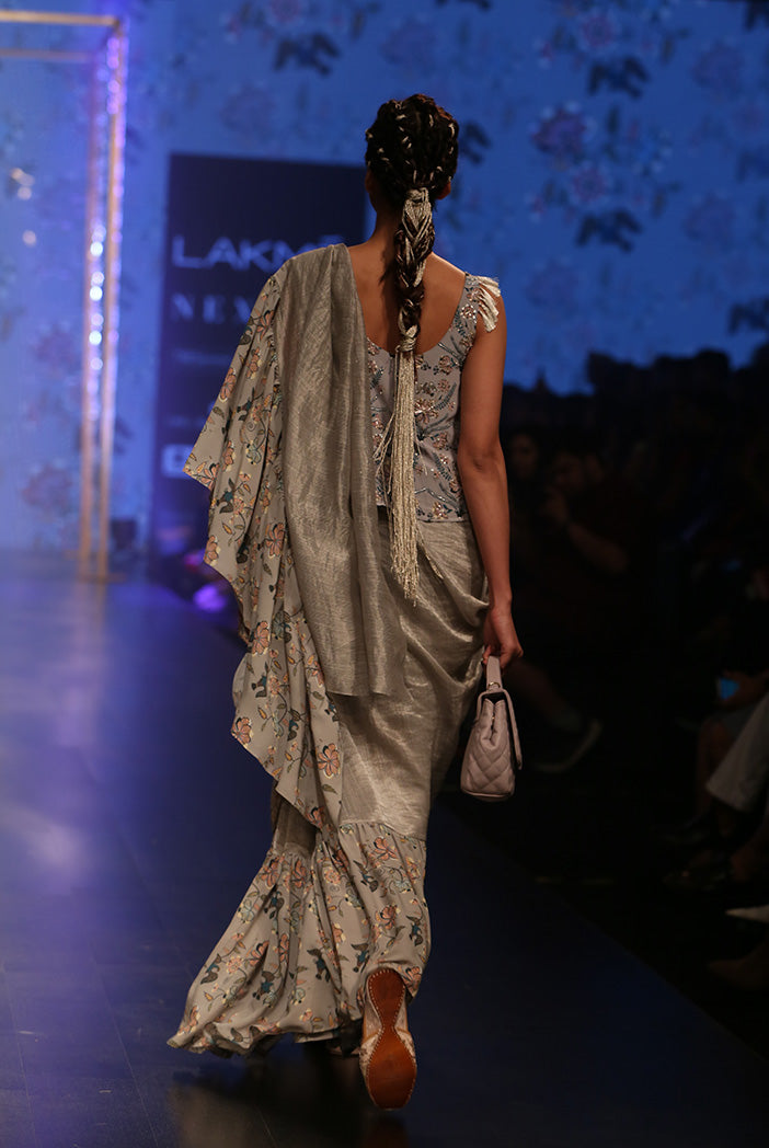 Feruza Powder Blue Printed Crepe Top with Mint Printed Georgette and Chanderi Stripe Frill Saree