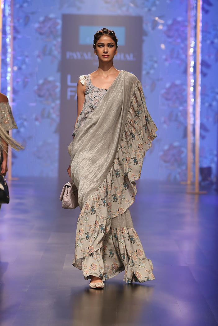 Feruza Powder Blue Printed Crepe Top with Mint Printed Georgette and Chanderi Stripe Frill Saree