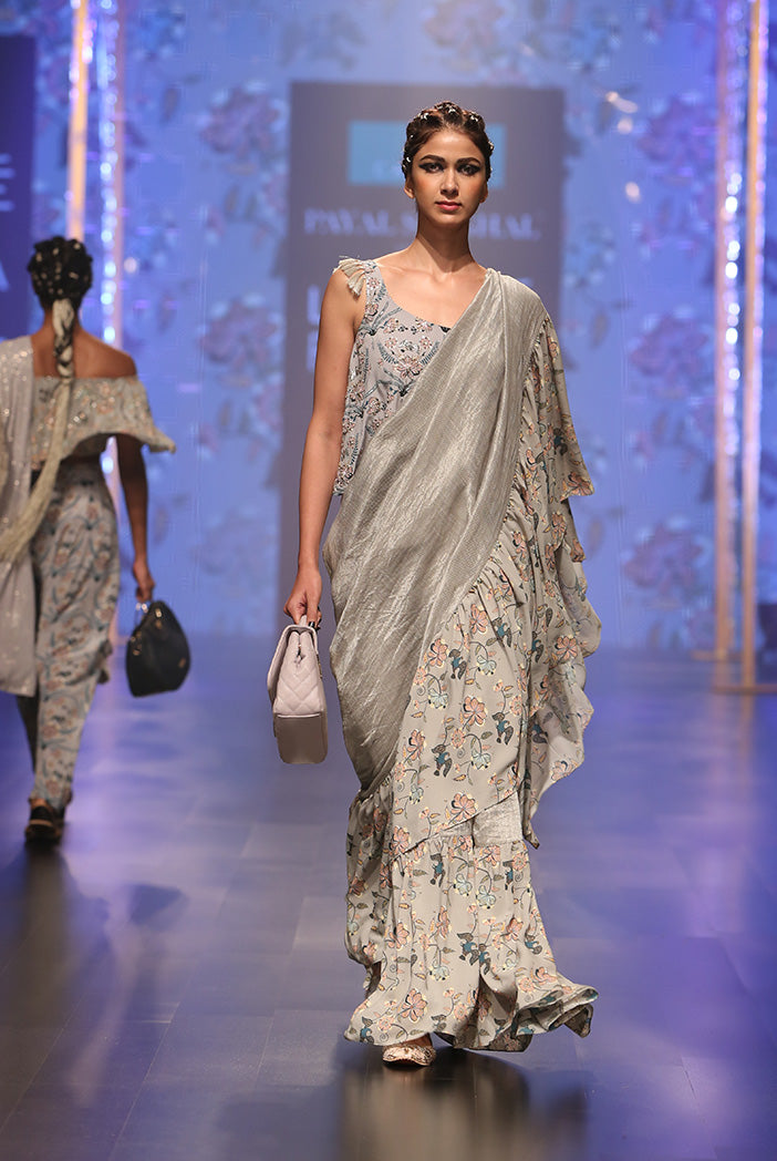 Feruza Powder Blue Printed Crepe Top with Mint Printed Georgette and Chanderi Stripe Frill Saree