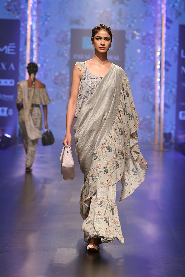 Feruza Powder Blue Printed Crepe Top with Mint Printed Georgette and Chanderi Stripe Frill Saree