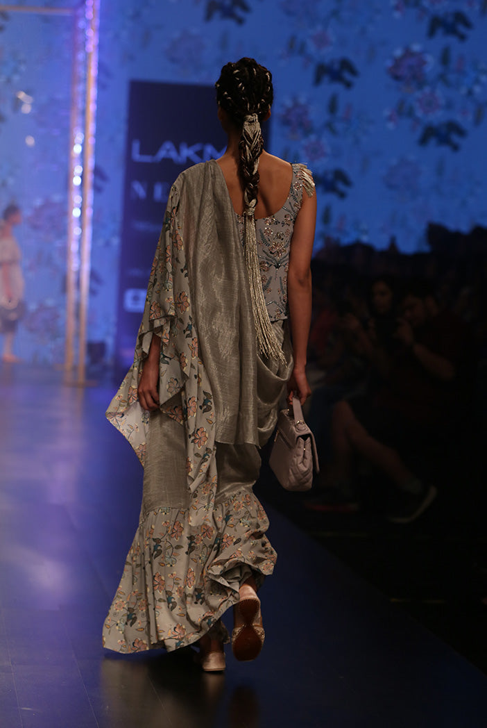 Feruza Powder Blue Printed Crepe Top with Mint Printed Georgette and Chanderi Stripe Frill Saree