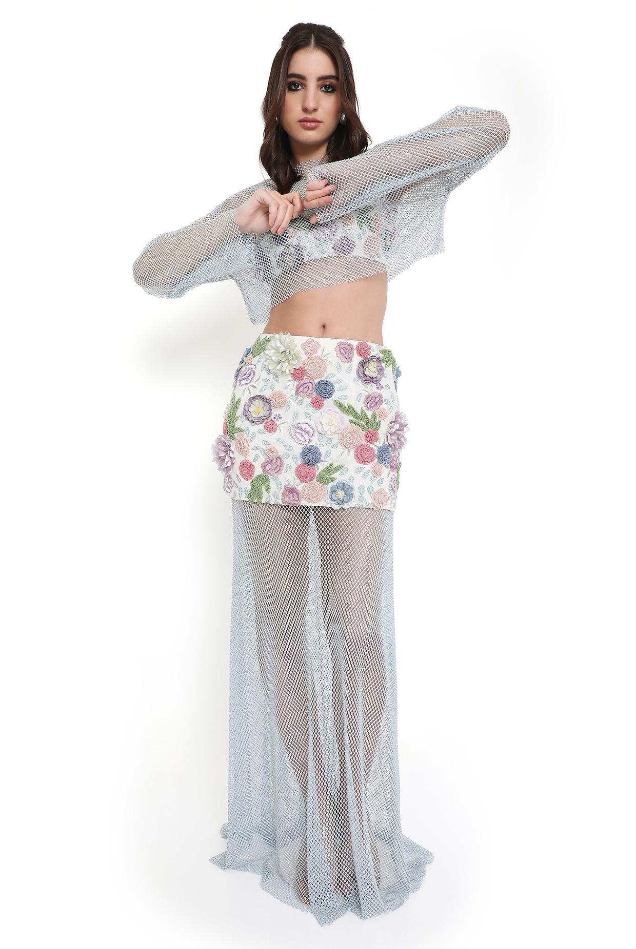 Fiorella Off White Embroidered Choli And Skirt With Blue Mesh Overlay Top And Skirt