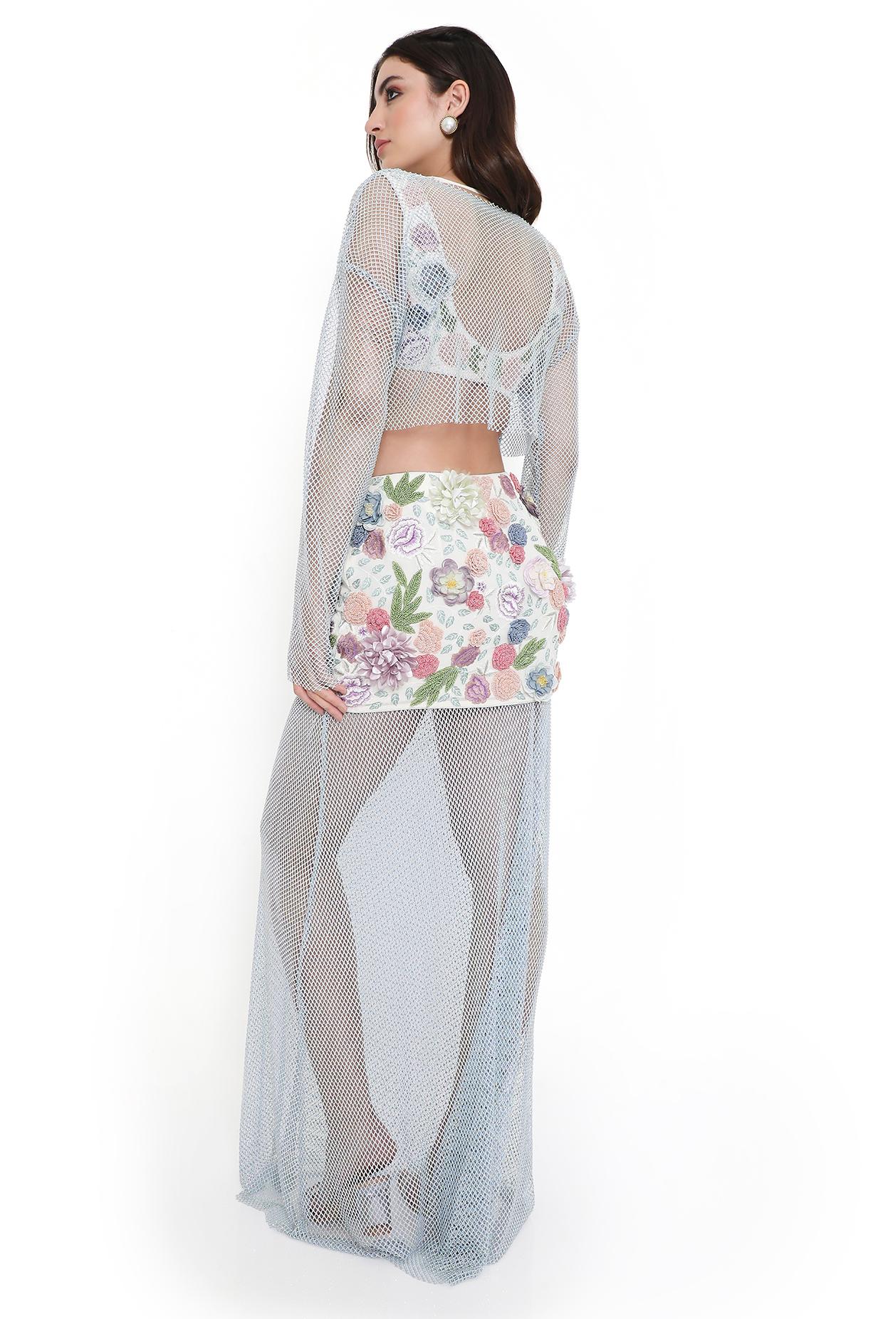 Fiorella Off White Embroidered Choli And Skirt With Blue Mesh Overlay Top And Skirt