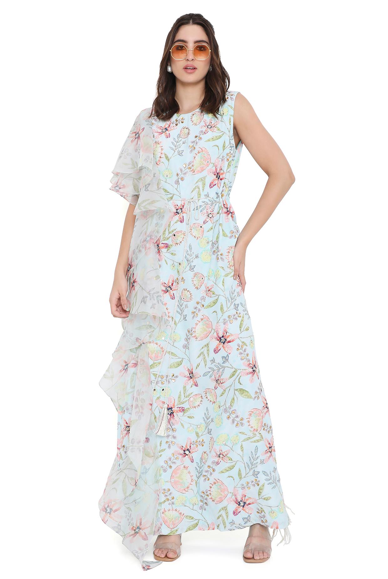 Fiorita Lavender Dream Print Embroidered Kaftan With Ruffle On One Shoulder With Hanging Tassels