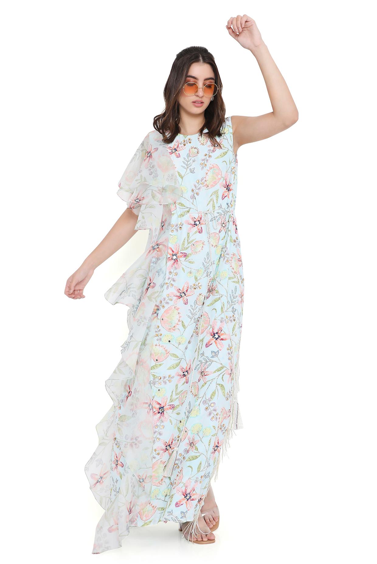 Fiorita Lavender Dream Print Embroidered Kaftan With Ruffle On One Shoulder With Hanging Tassels