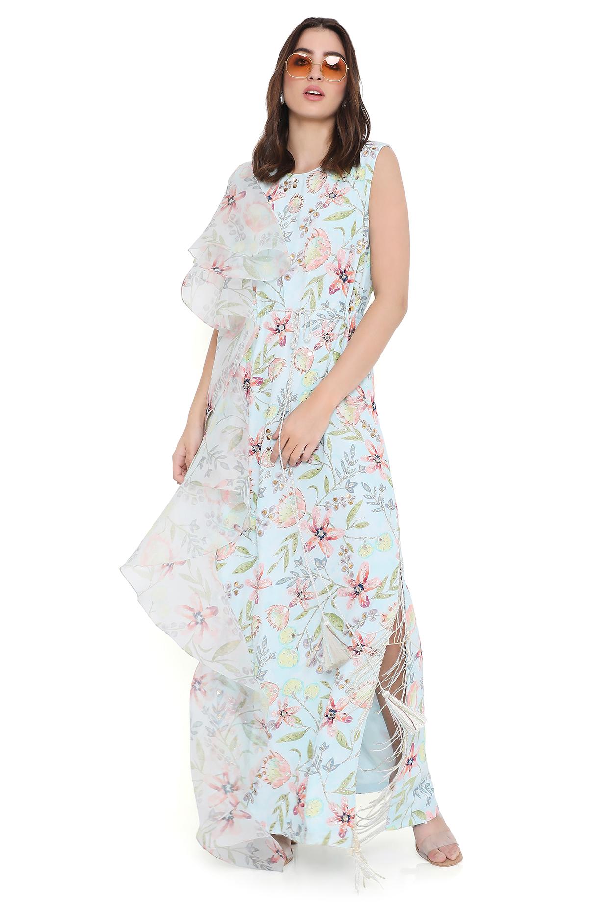 Fiorita Lavender Dream Print Embroidered Kaftan With Ruffle On One Shoulder With Hanging Tassels