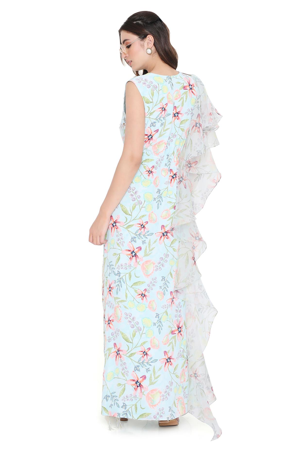 Fiorita Lavender Dream Print Embroidered Kaftan With Ruffle On One Shoulder With Hanging Tassels