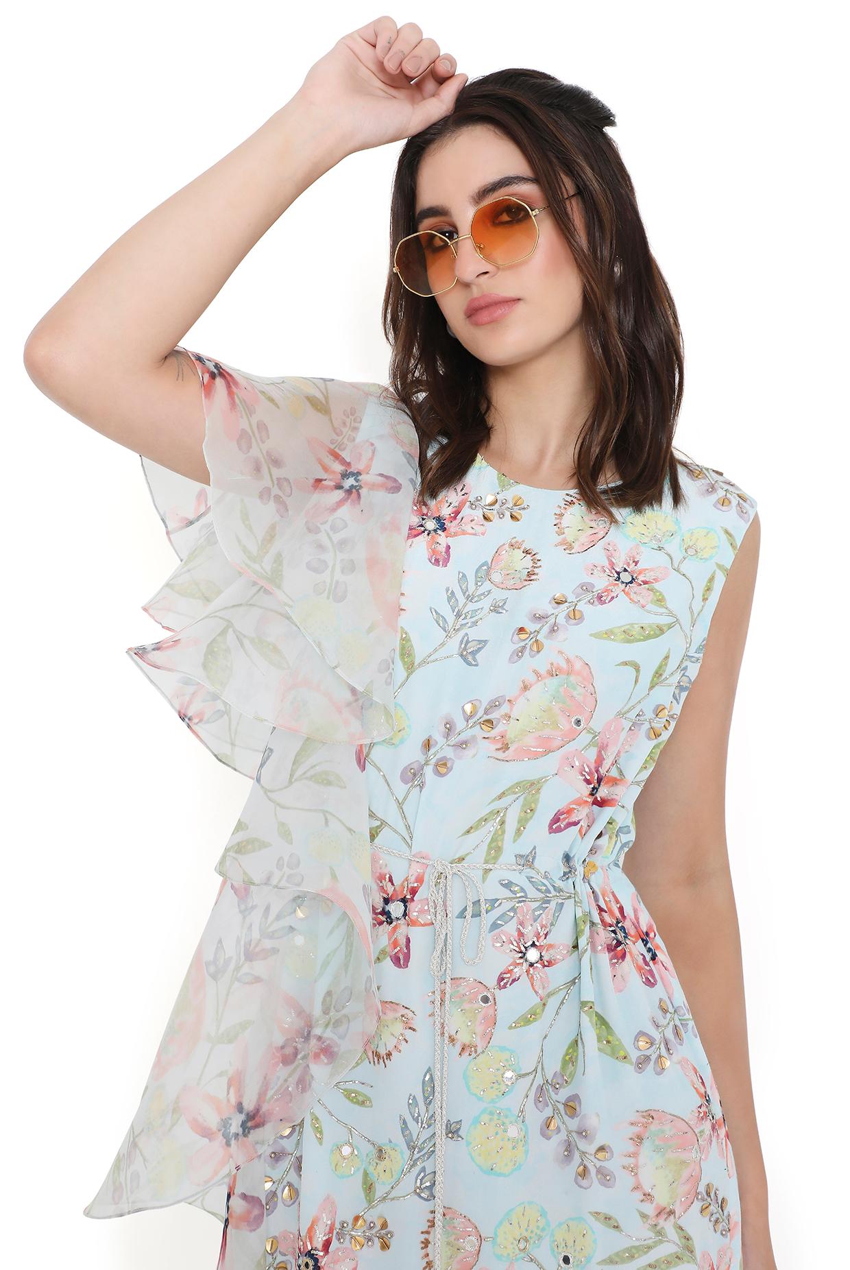 Fiorita Lavender Dream Print Embroidered Kaftan With Ruffle On One Shoulder With Hanging Tassels