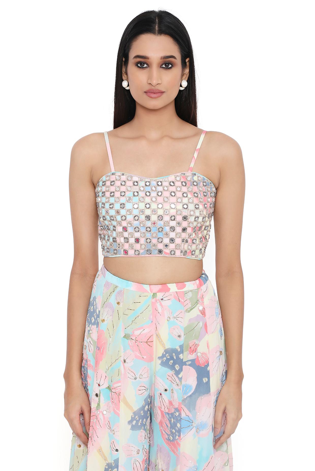 Fresia Euphoria Print Embroidered Blazer With Bustier And Sharara With Belt