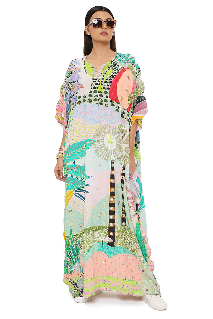 Frida Tropical Print Crepe Front Embroidered Scalloped Edge Kaftan