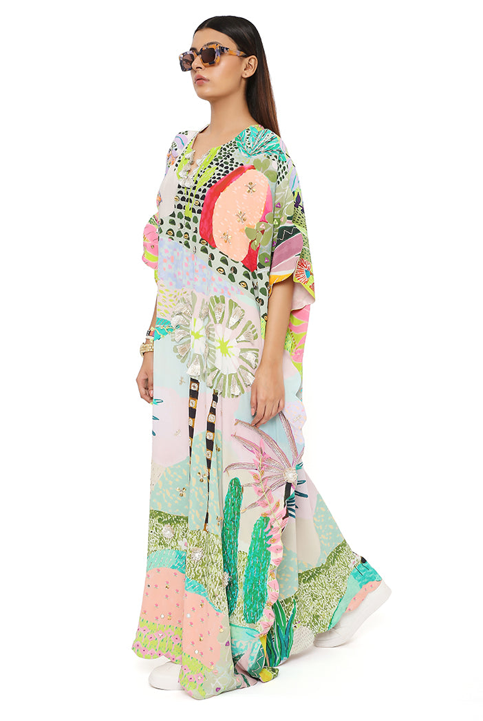 Frida Tropical Print Crepe Front Embroidered Scalloped Edge Kaftan