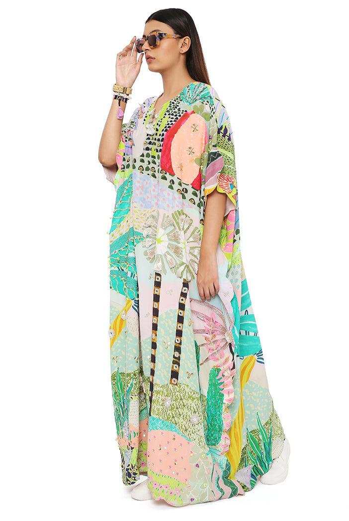 Frida Tropical Print Crepe Front Embroidered Scalloped Edge Kaftan
