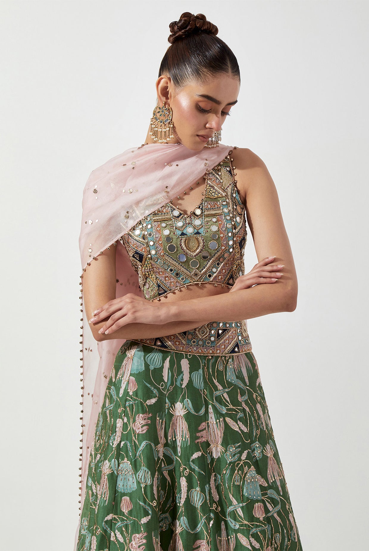 GREEN EMBROIDERED CHOLI & PRINTED LEHENGA WITH PINK ORGANZA DUPATTA