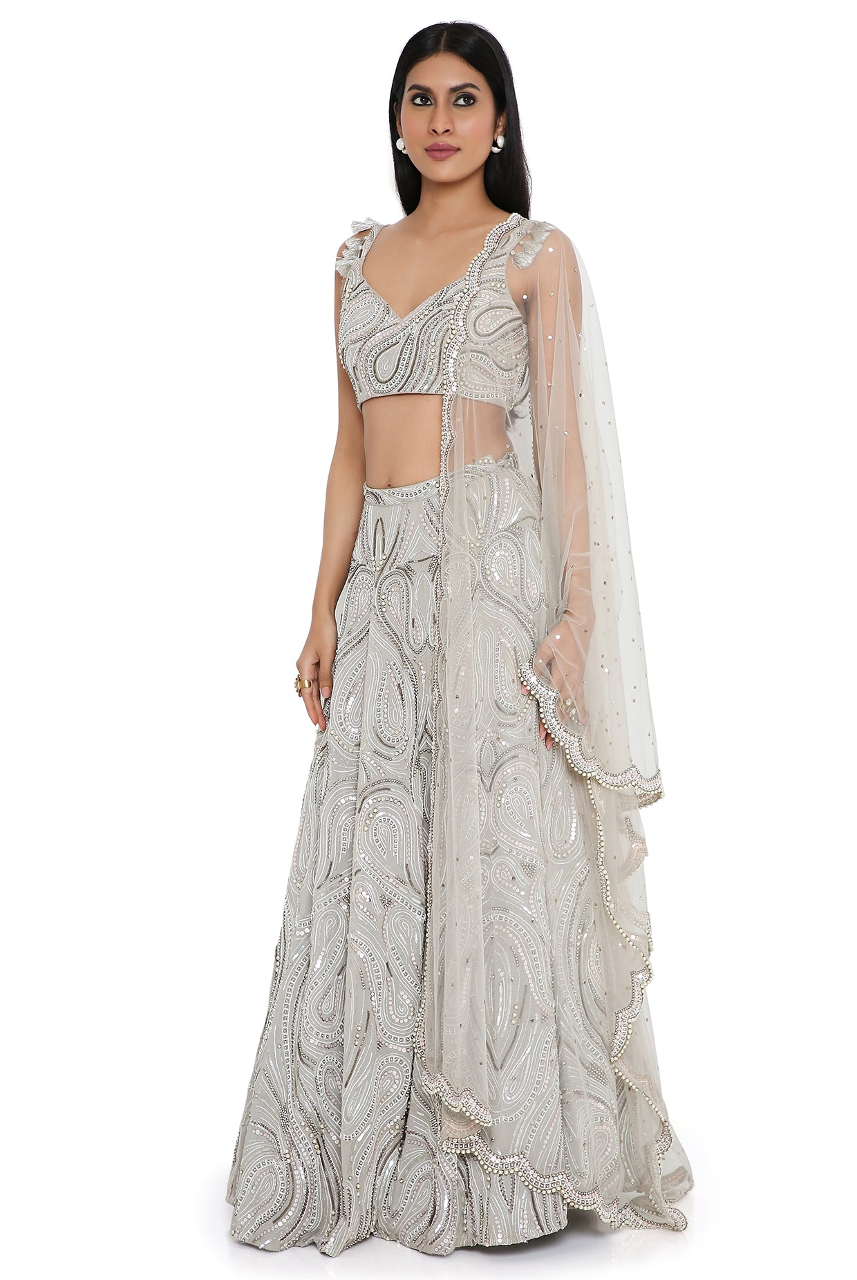 Grey Georgette Embroidered Choli And Lehenga With Mukaish Net Dupatta
