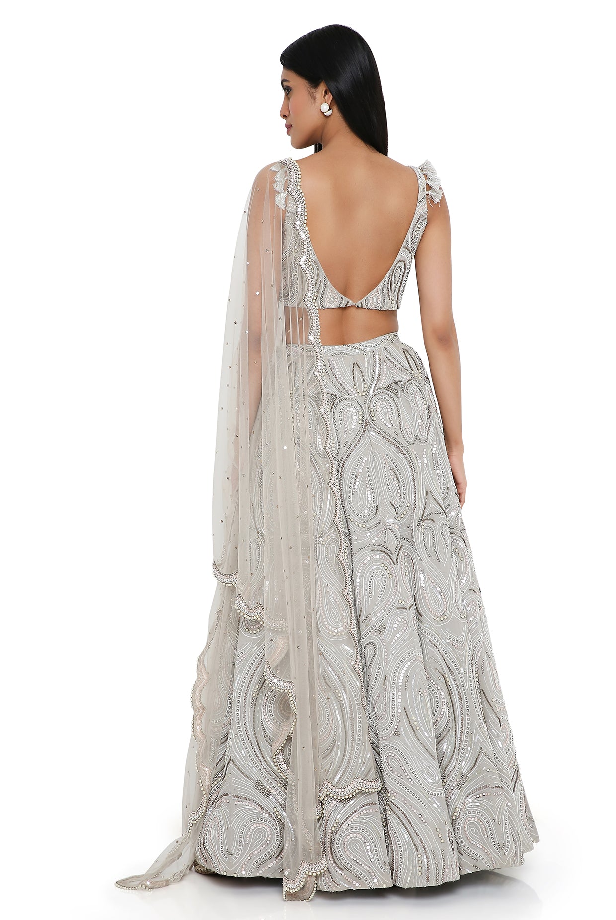 Grey Georgette Embroidered Choli And Lehenga With Mukaish Net Dupatta