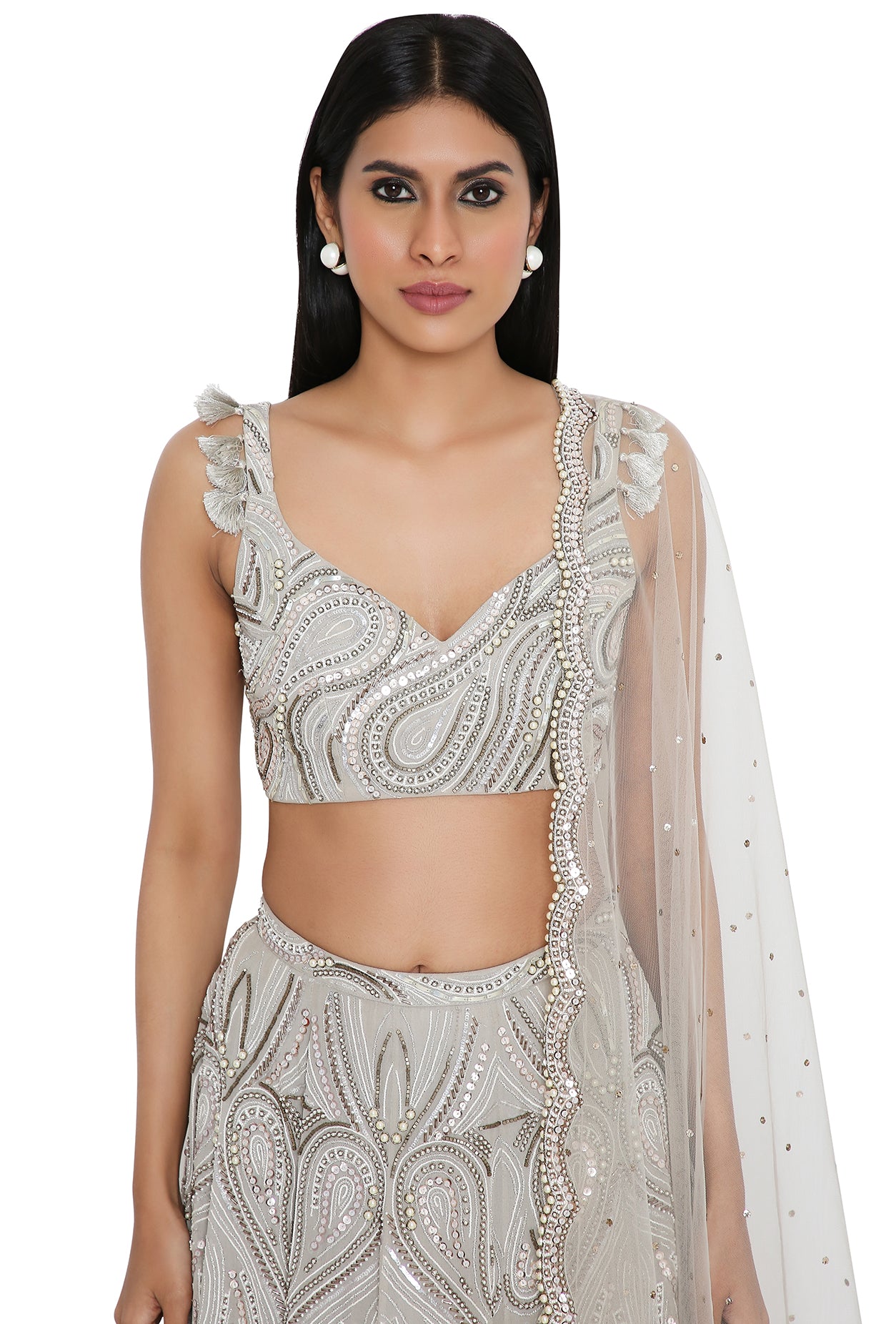 Grey Georgette Embroidered Choli And Lehenga With Mukaish Net Dupatta