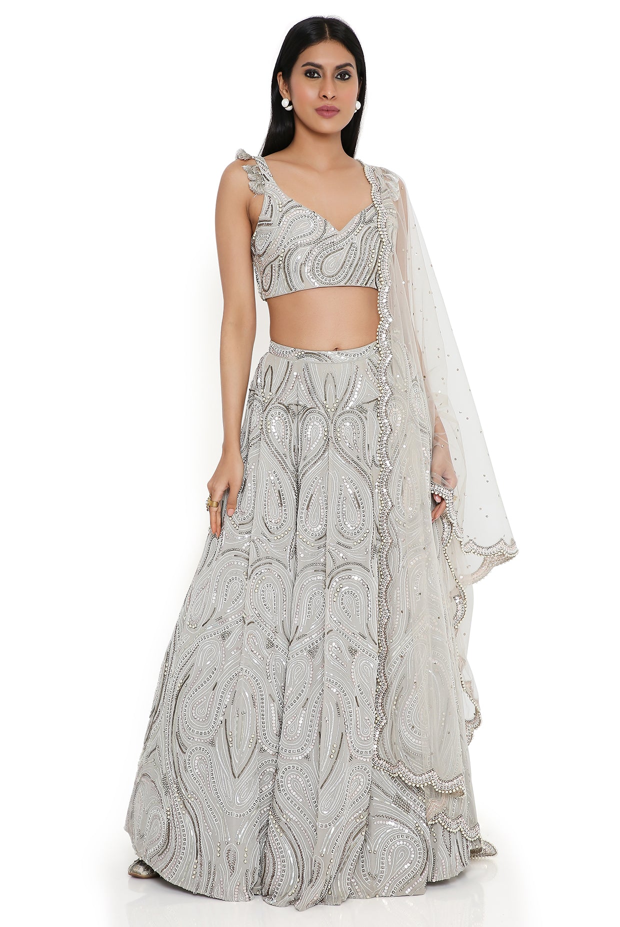 Grey Georgette Embroidered Choli And Lehenga With Mukaish Net Dupatta