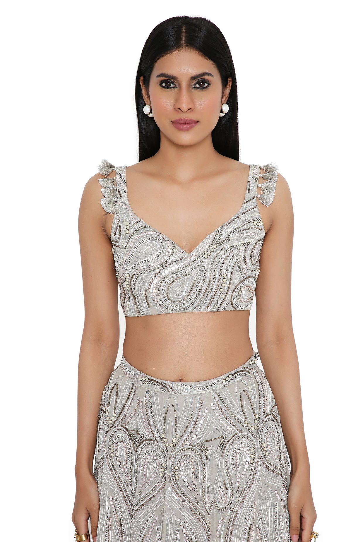 Grey Georgette Embroidered Choli And Lehenga With Mukaish Net Dupatta