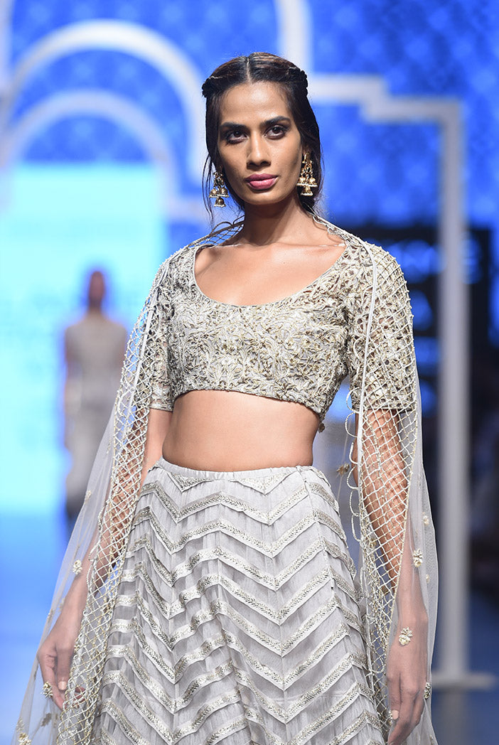 Grey Silk Colour Choli with Light and Dark Grey Colour Net Lehenga and Net Dupatta
