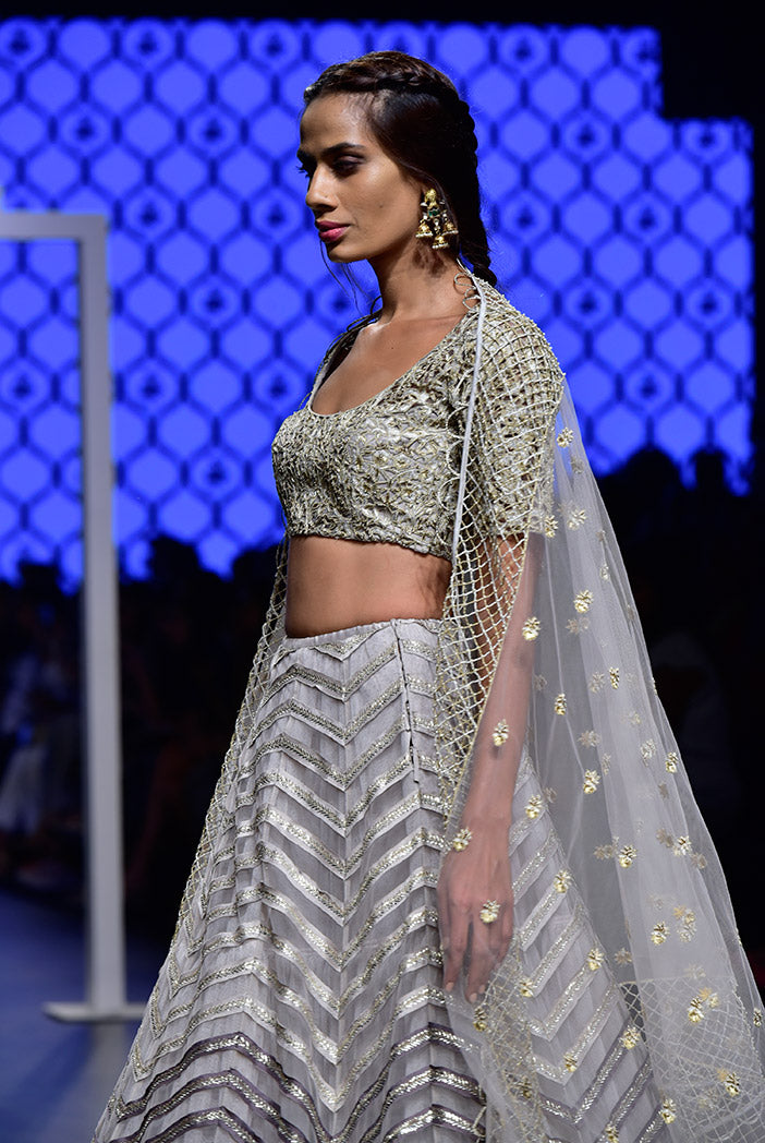 Grey Silk Colour Choli with Light and Dark Grey Colour Net Lehenga and Net Dupatta